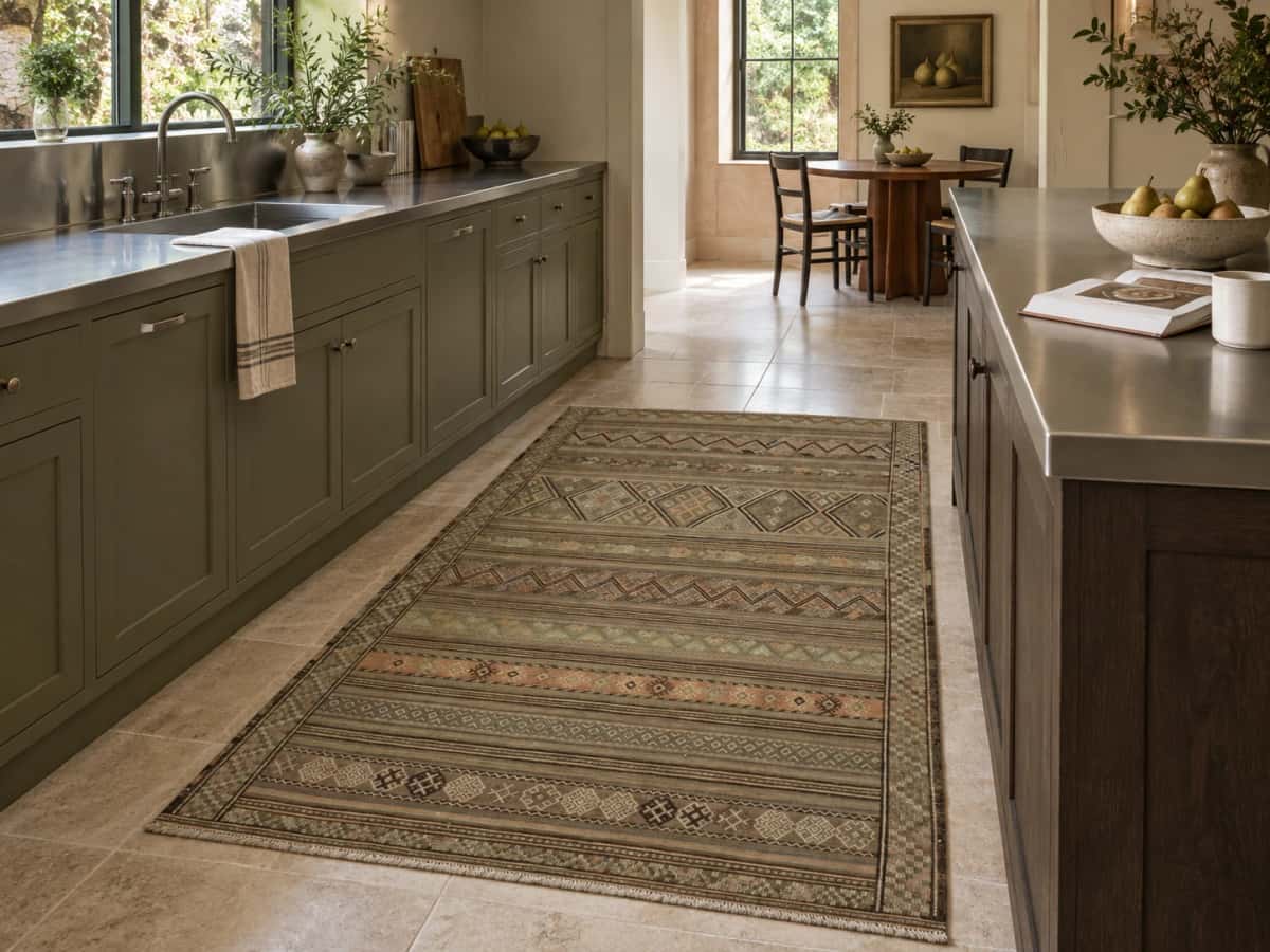 Persian Sumak Kilim rug, 140x214 cm, mainly brown — In a room