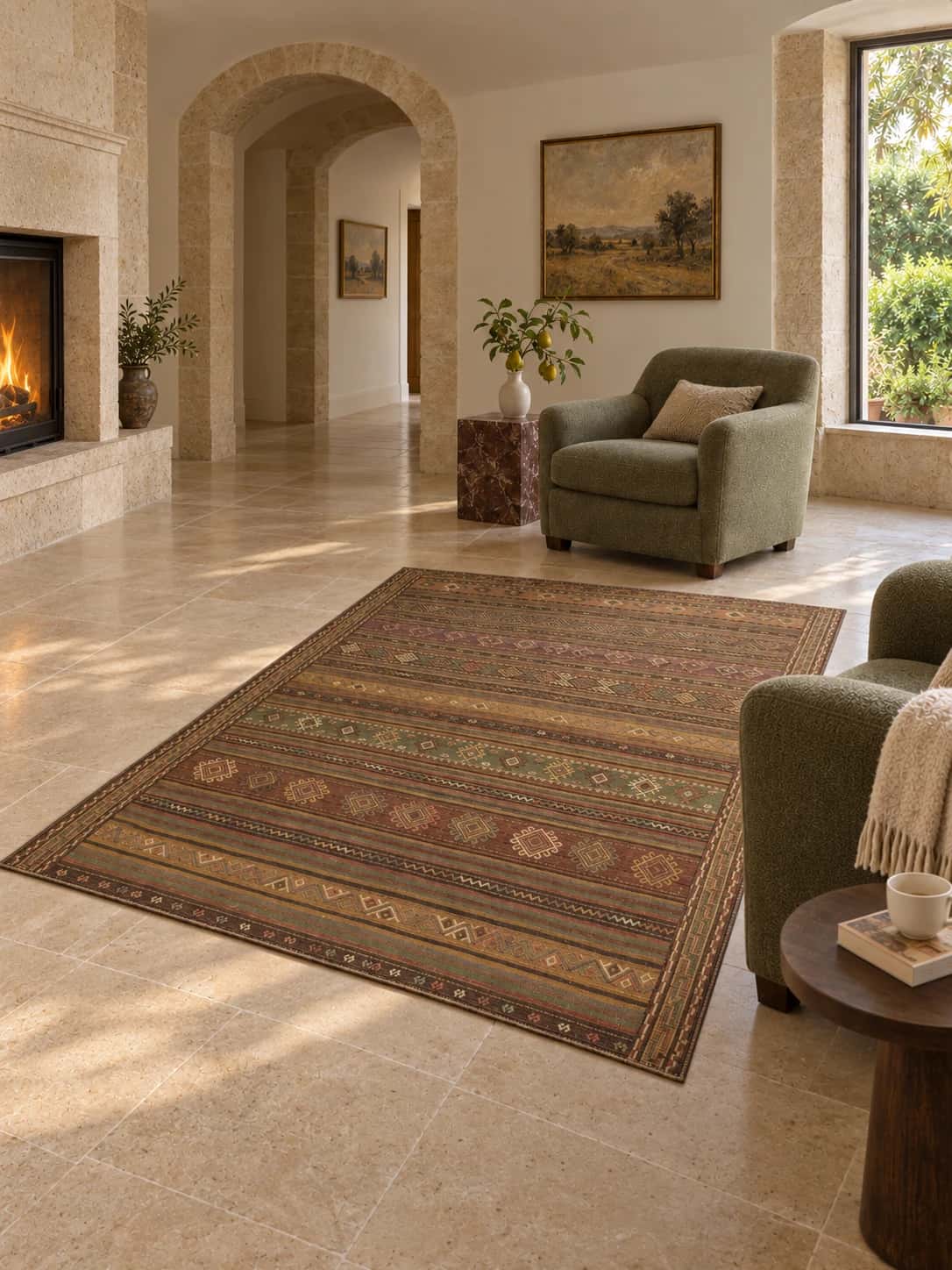 Alfombra persa kilim sumak, 156x204 cm, principalmente en marrón — En una habitación
