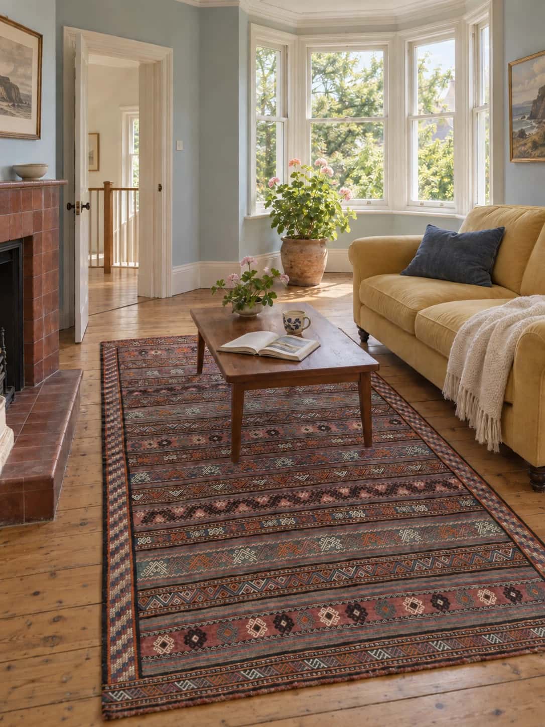 Alfombra persa kilim sumak, 140x273 cm, principalmente en marrón — En una habitación
