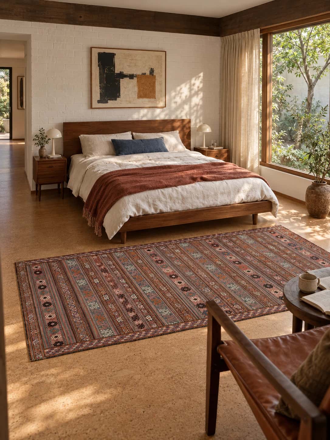 Alfombra persa kilim sumak, 140x273 cm, principalmente en marrón — En una habitación
