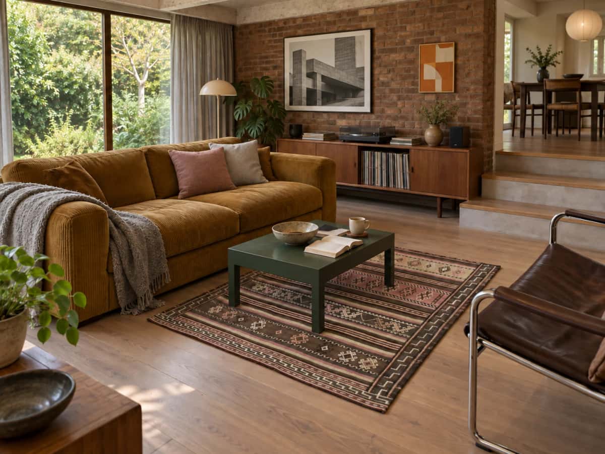 Perzisch tapijt kelim-sumak, 120x125 cm, overwegend beige en roze — In een kamer