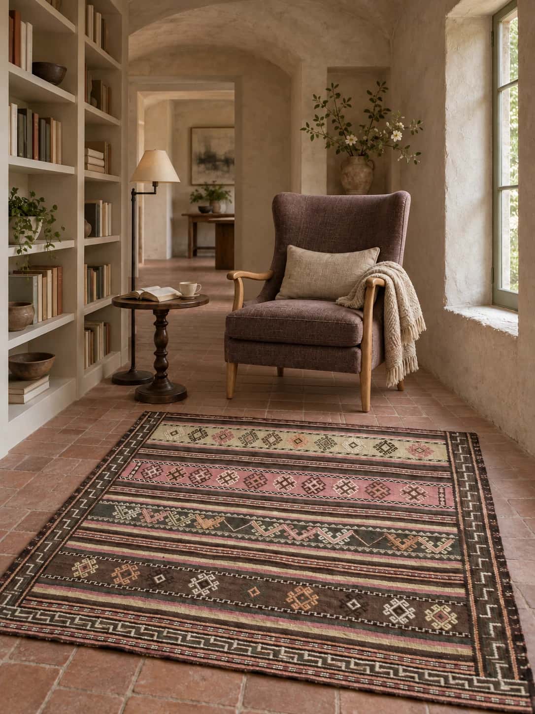 Persian Sumak Kilim rug, 120x125 cm, mainly beige and pink — In a room