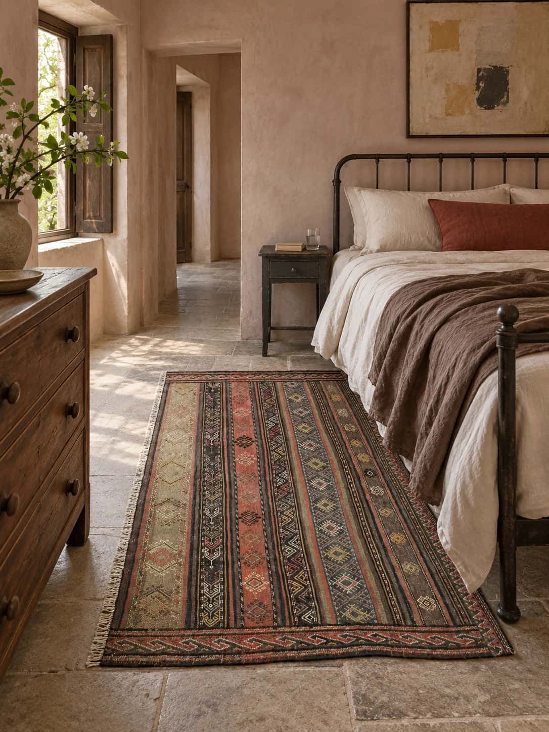 Alfombra persa kilim sumak, 112x152 cm, principalmente en marrón — En una habitación