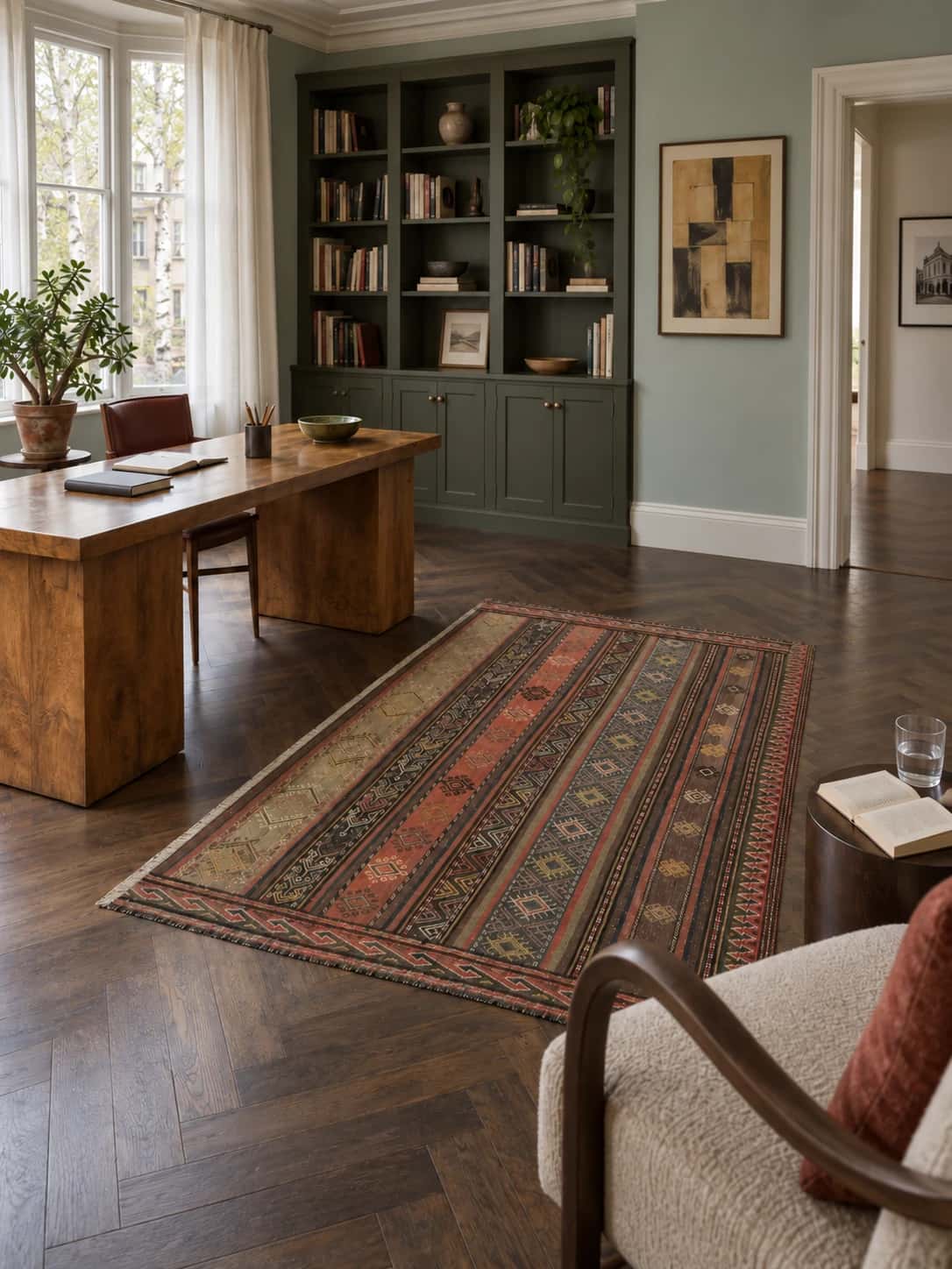 Alfombra persa kilim sumak, 112x152 cm, principalmente en marrón — En una habitación