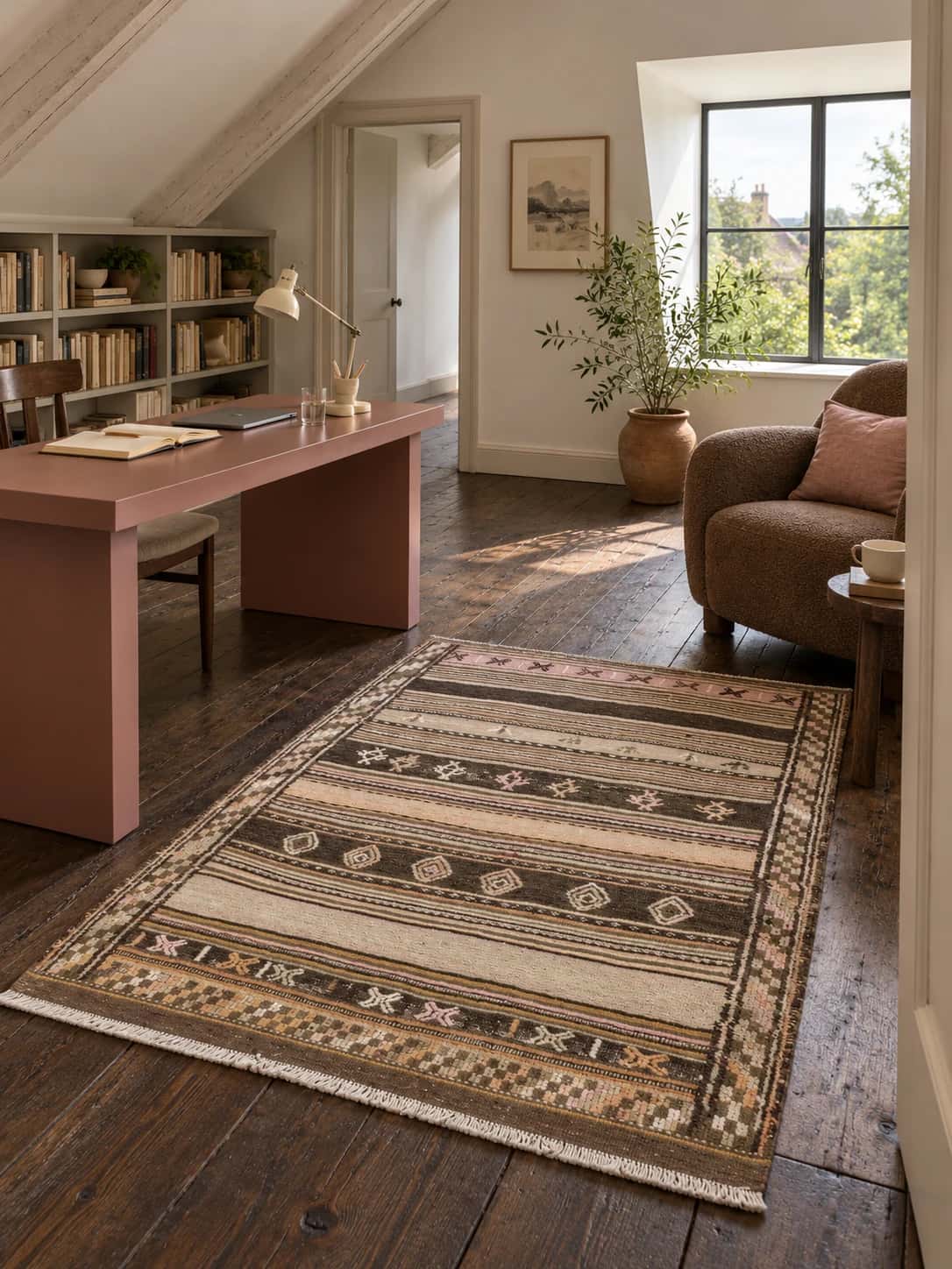 Persian Sumak Kilim rug, geometric, 110x146 cm, multicolored — In a room