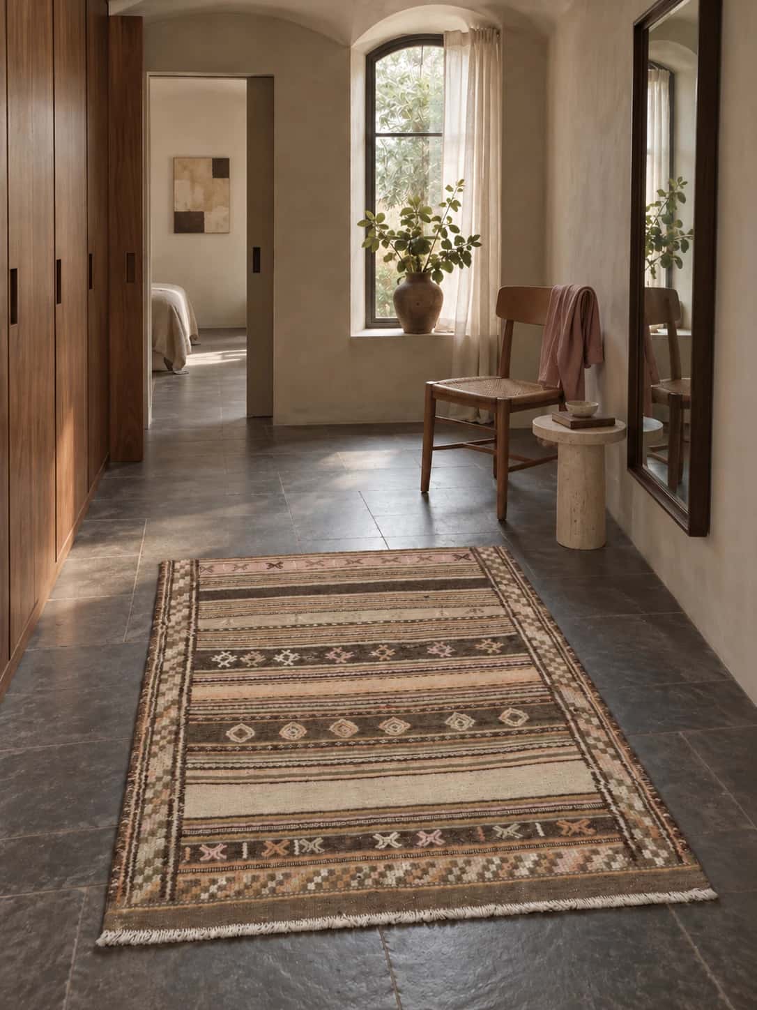 Alfombra persa kilim sumak, geométrica, 110x146 cm, de colores variados — En una habitación