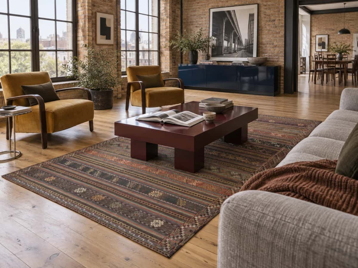 Persian Sumak Kilim rug, 141x250 cm, mainly brown — In a room