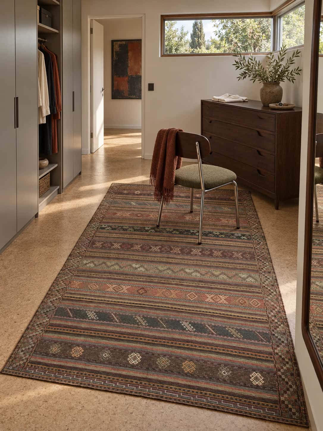 Persian Sumak Kilim rug, 141x250 cm, mainly brown — In a room
