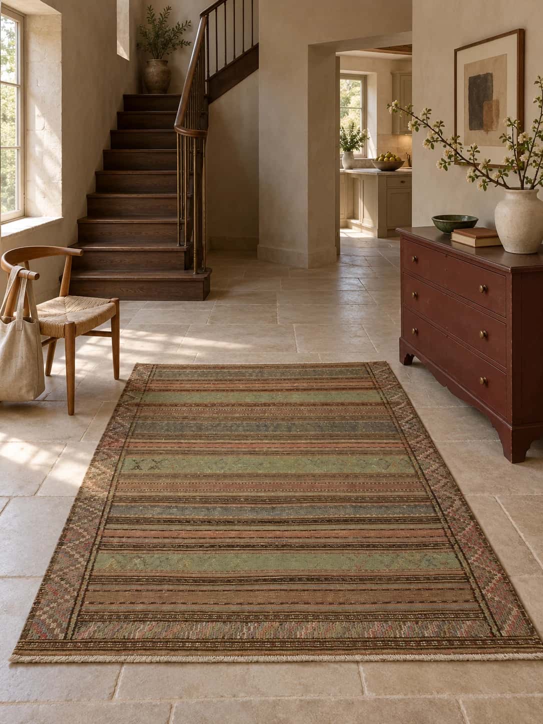 Persian Sumak Kilim rug, geometric, 150x200 cm, mainly green — In a room