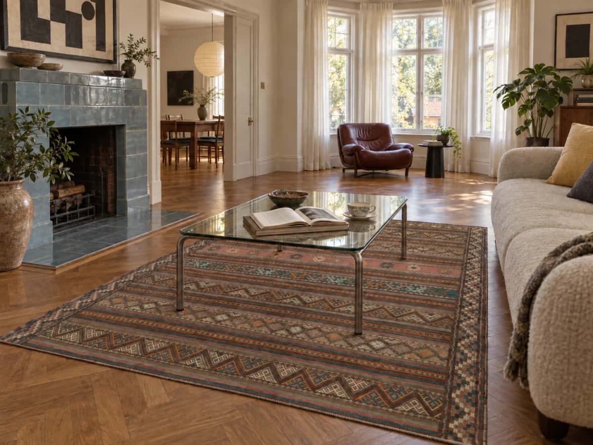 Dywan perski kilim sumak, 151x190 cm, głównie brązowy — We wnętrzu