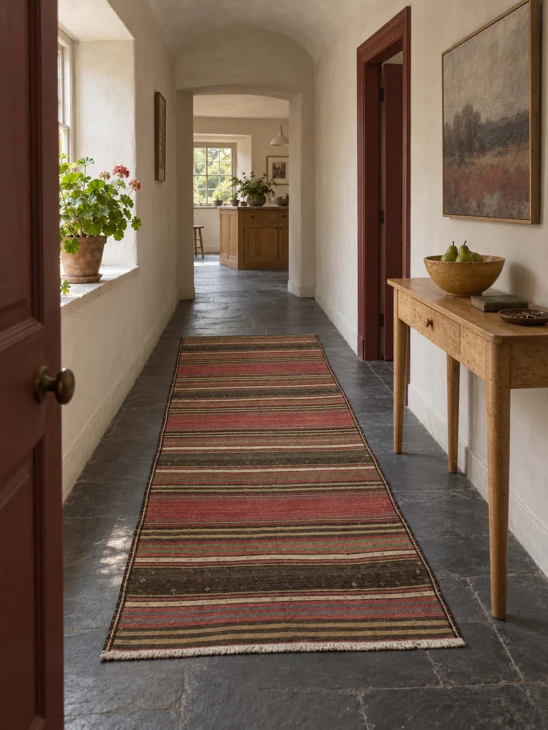Persian Sumak Kilim rug, 112x251 cm, mainly brown — In a room