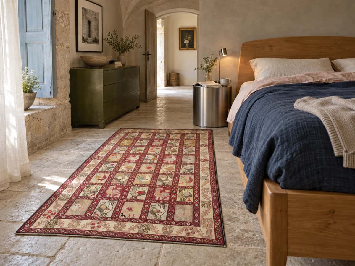 Persian rug, oriental, 118x188 cm, mainly beige and red — In a room
