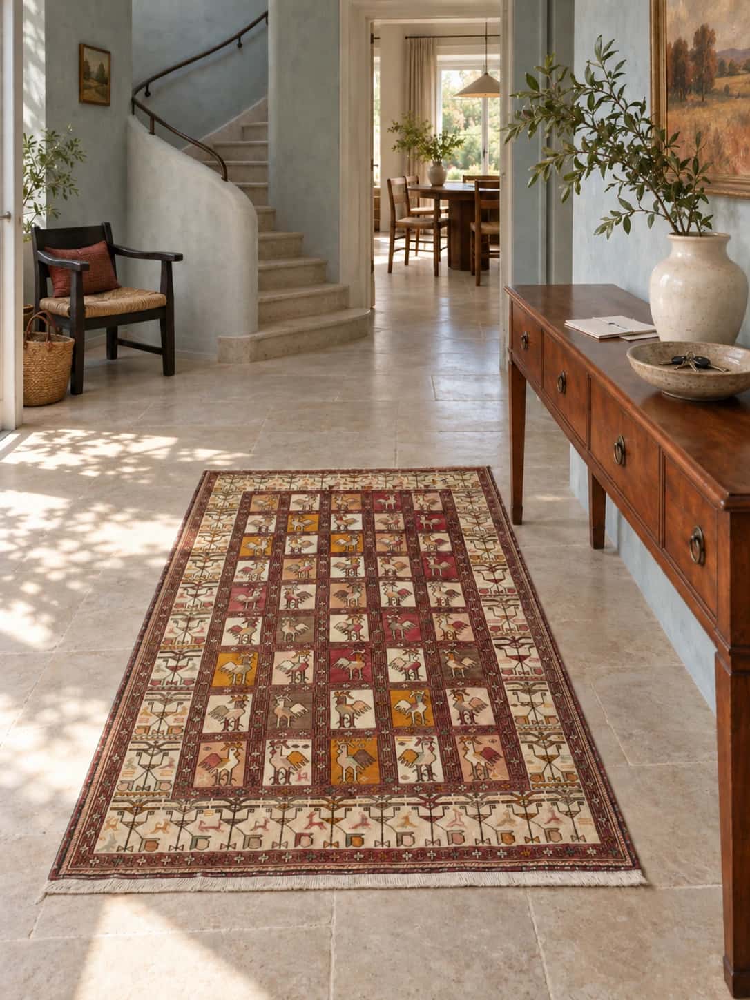 Persian rug, geometric, 120x180 cm, mainly orange and beige — In a room