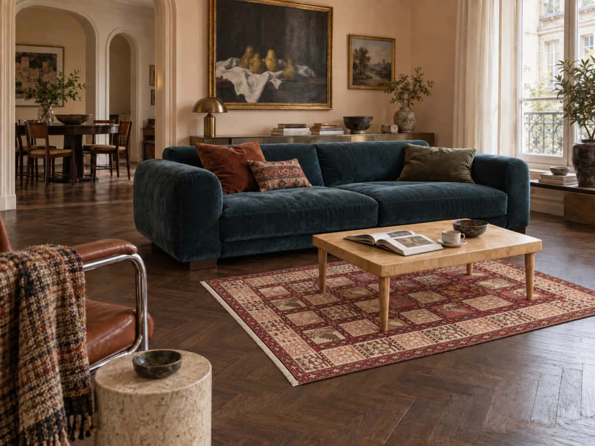 Persian rug, geometric, 126x190 cm, multicoloured — In a room