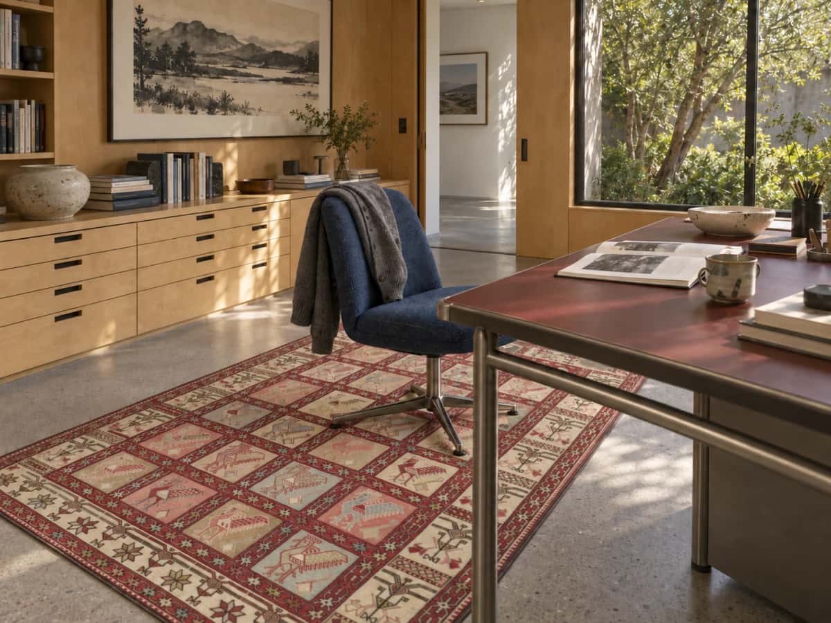 Persian rug, oriental, 124x185 cm, mainly beige and red — In a room