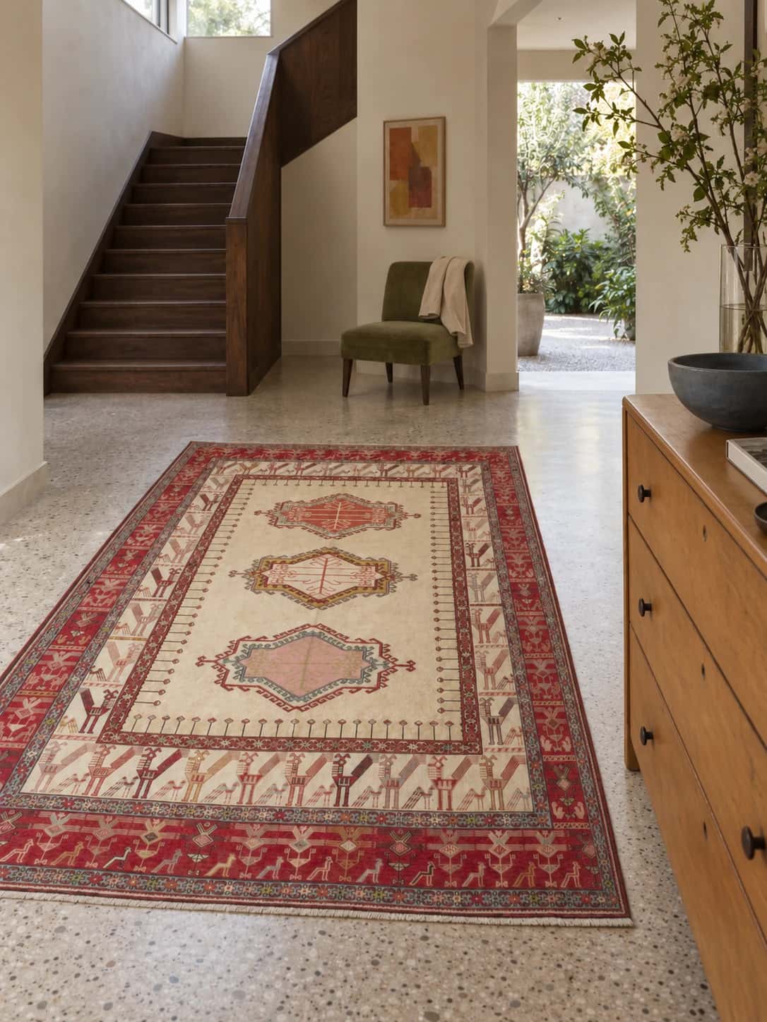 Persian rug, oriental, 197x280 cm, mainly red — In a room