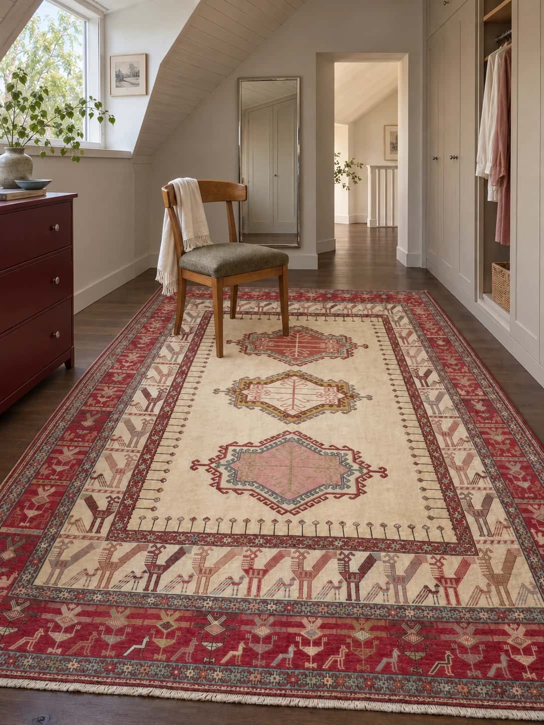 Persian rug, oriental, 197x280 cm, mainly red — In a room