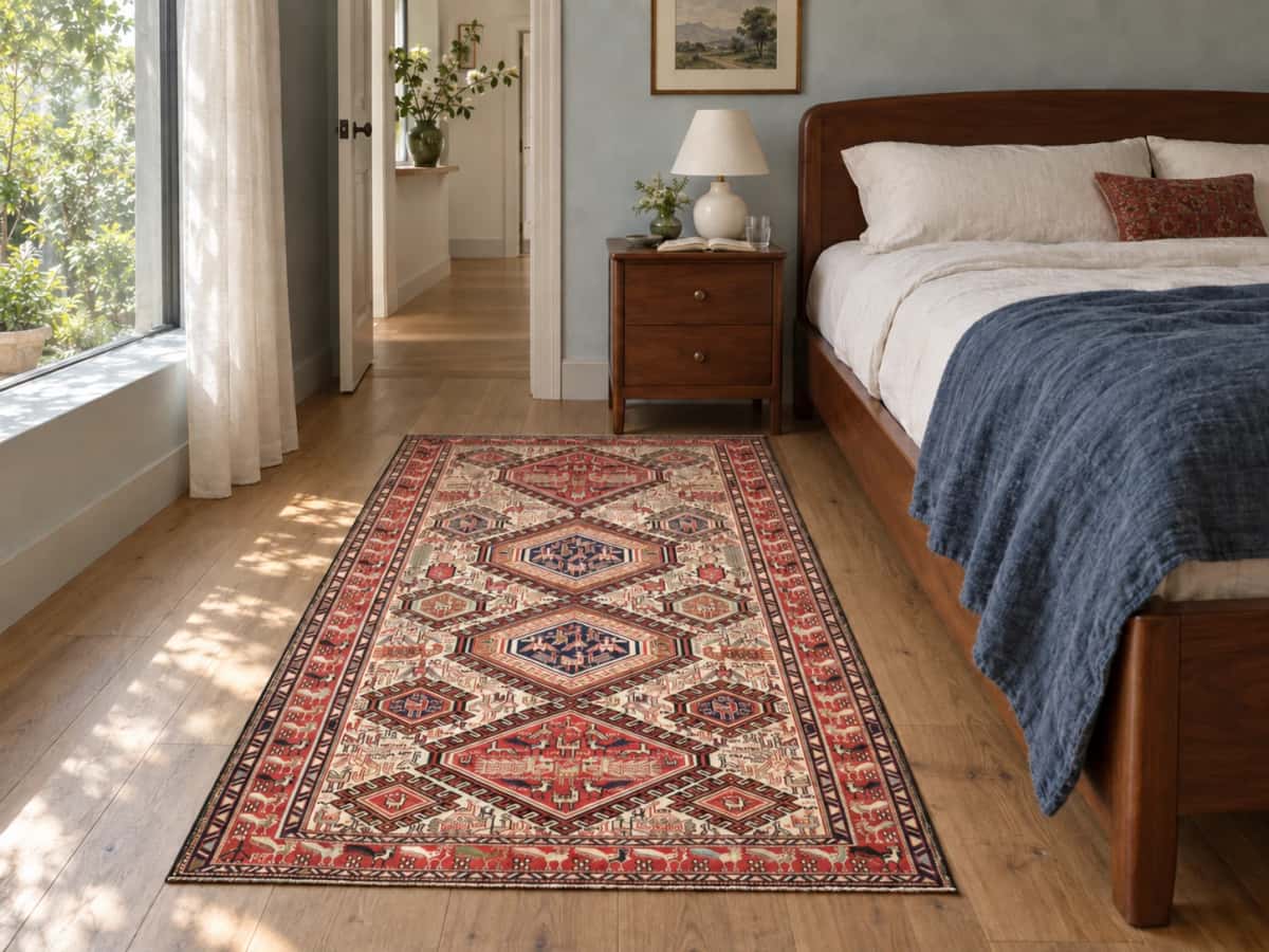 Persian rug, oriental, 123x186 cm, mainly beige and red — In a room
