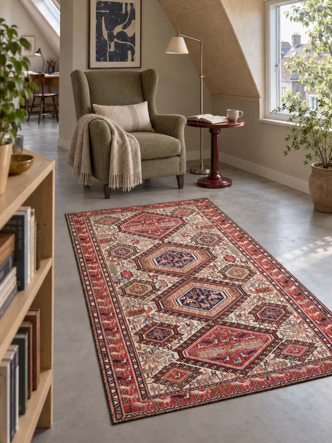 Perserteppich, orientalisch, 123x186 cm, überwiegend in Beige und Rot — Im Raum
