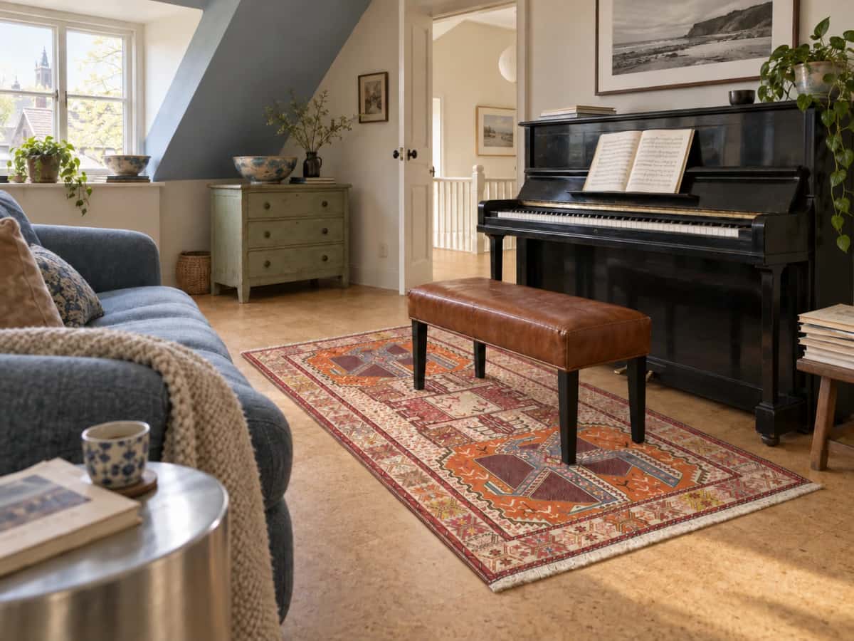 Persian rug, oriental, 120x198 cm, mainly beige and orange — In a room