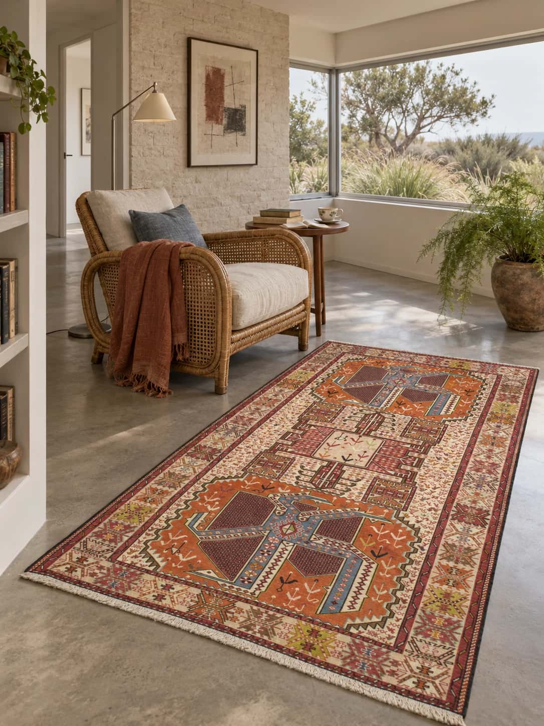 Persian rug, oriental, 120x198 cm, mainly beige and orange — In a room