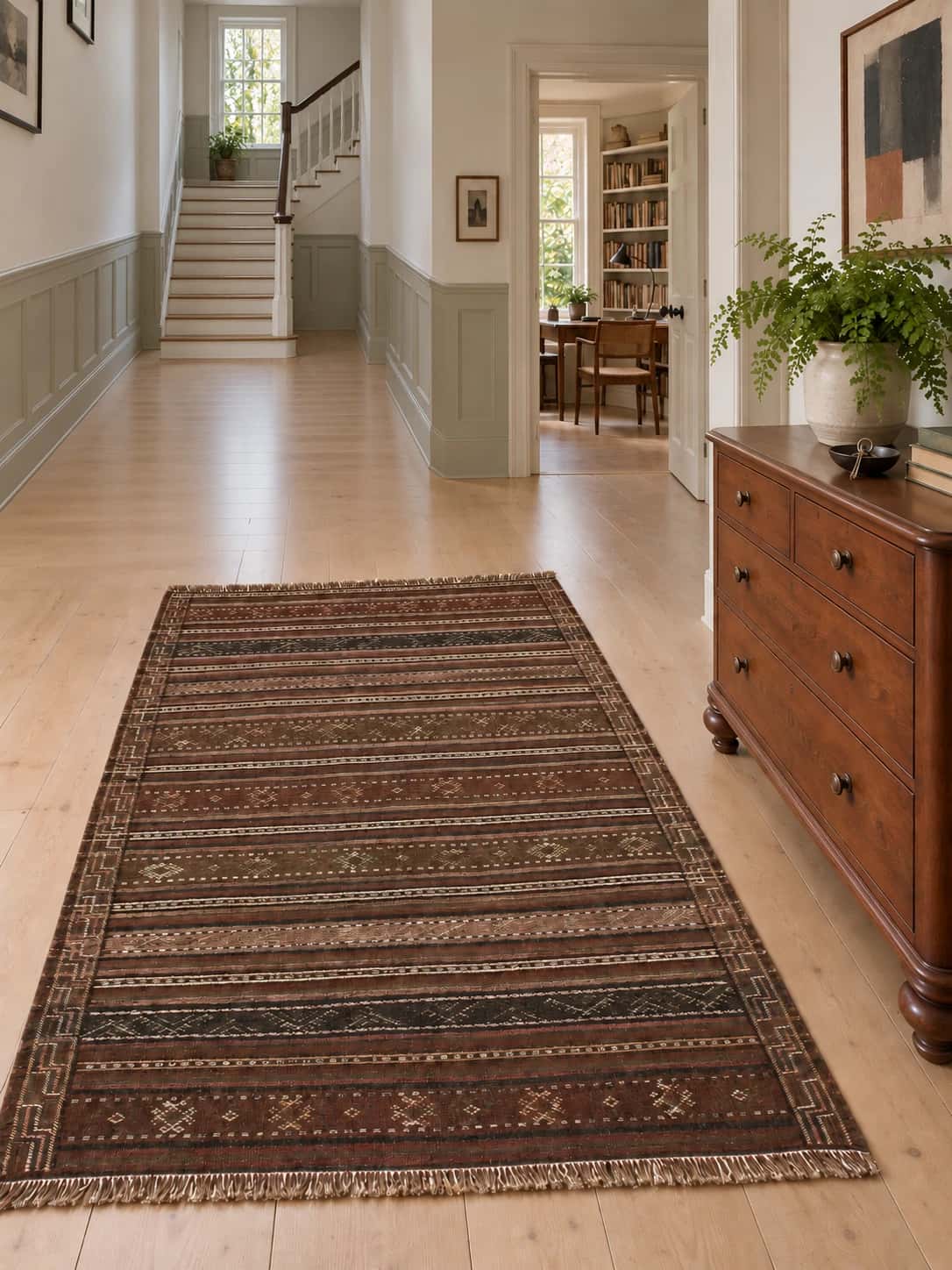 Persian Sumak Kilim rug, 140x211 cm, mainly brown — In a room