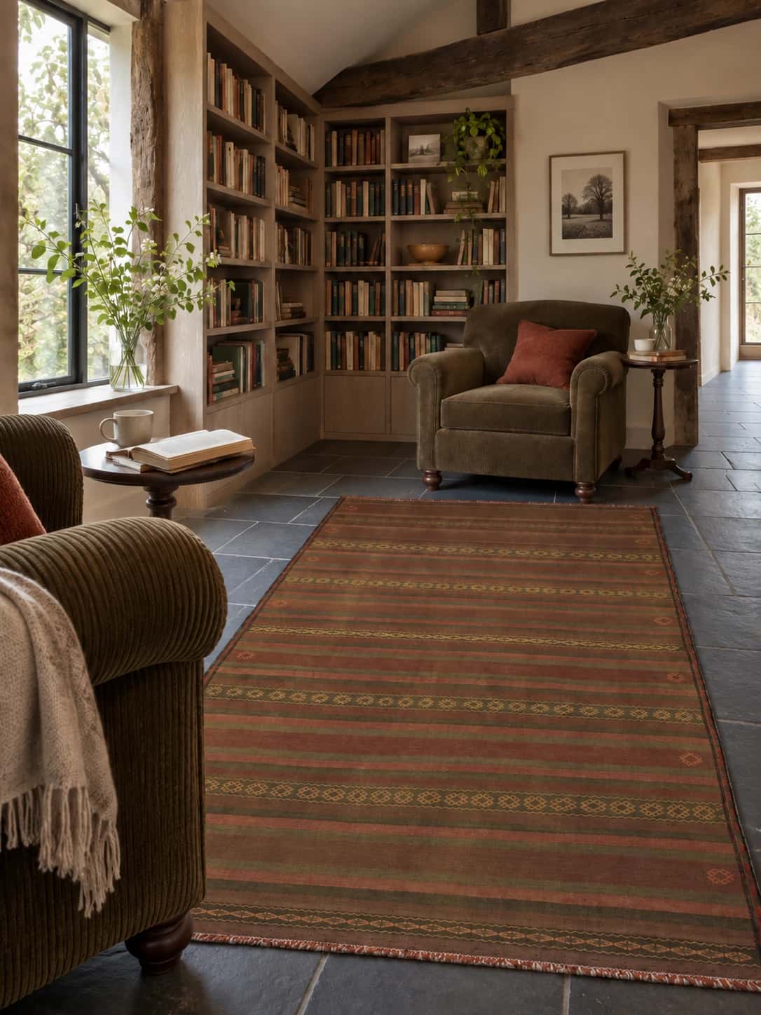 Persian Sumak Kilim rug, 120x250 cm, mainly brown — In a room
