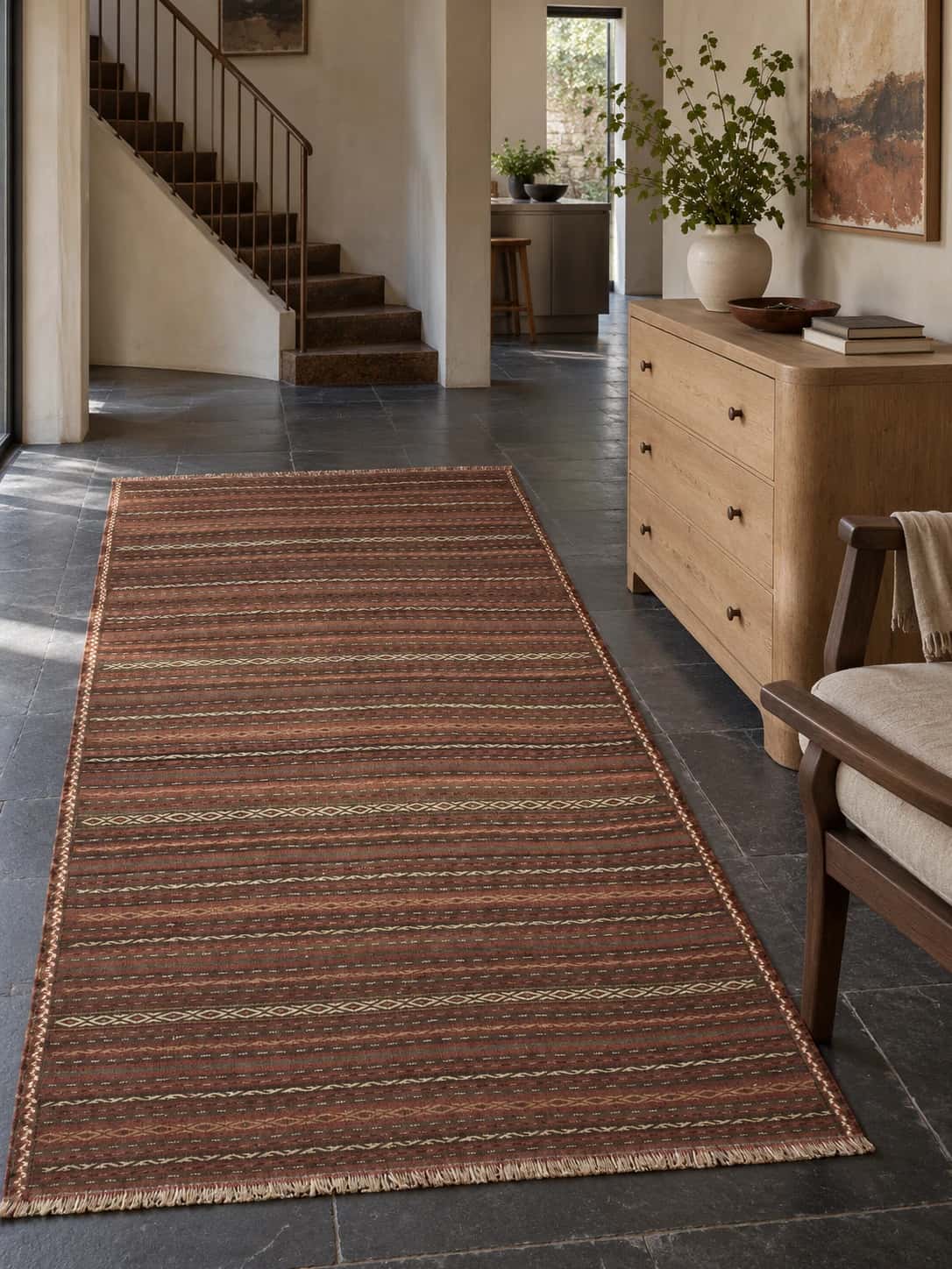 Persian Sumak Kilim rug, 153x290 cm, mainly red and brown — In a room