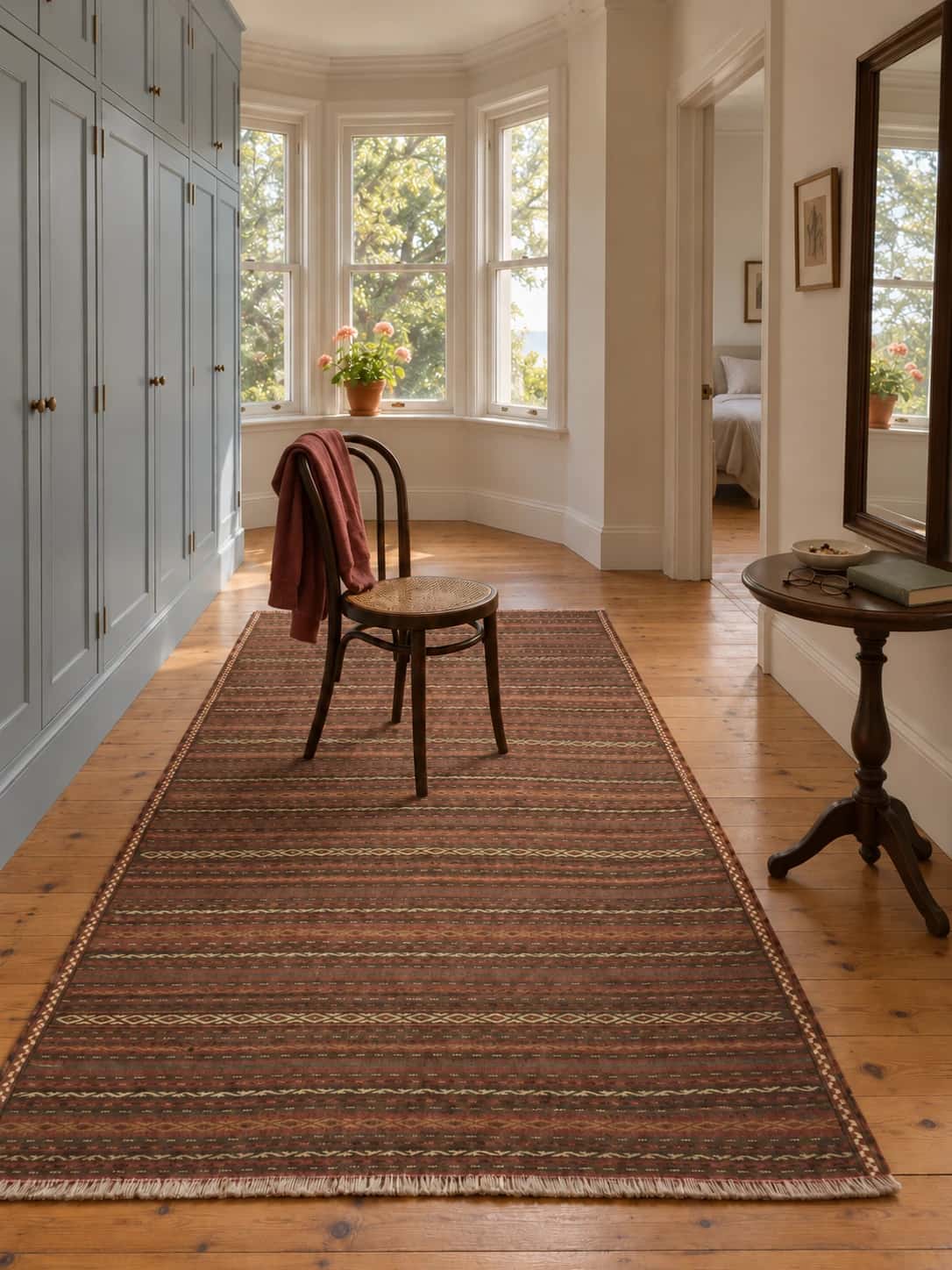 Persian Sumak Kilim rug, 153x290 cm, mainly red and brown — In a room
