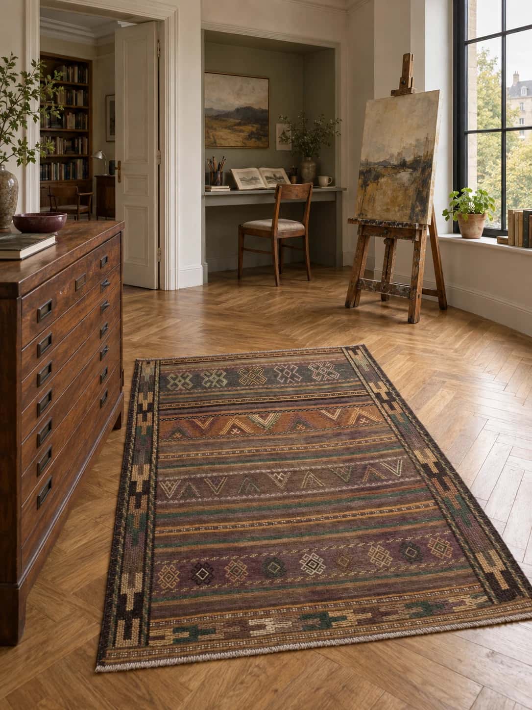 Alfombra persa kilim sumak, geométrica, 106x138 cm, de colores variados — En una habitación