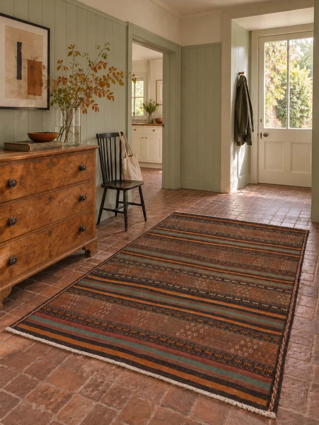 Persian Sumak Kilim rug, geometric, 167x185 cm, multicoloured — In a room