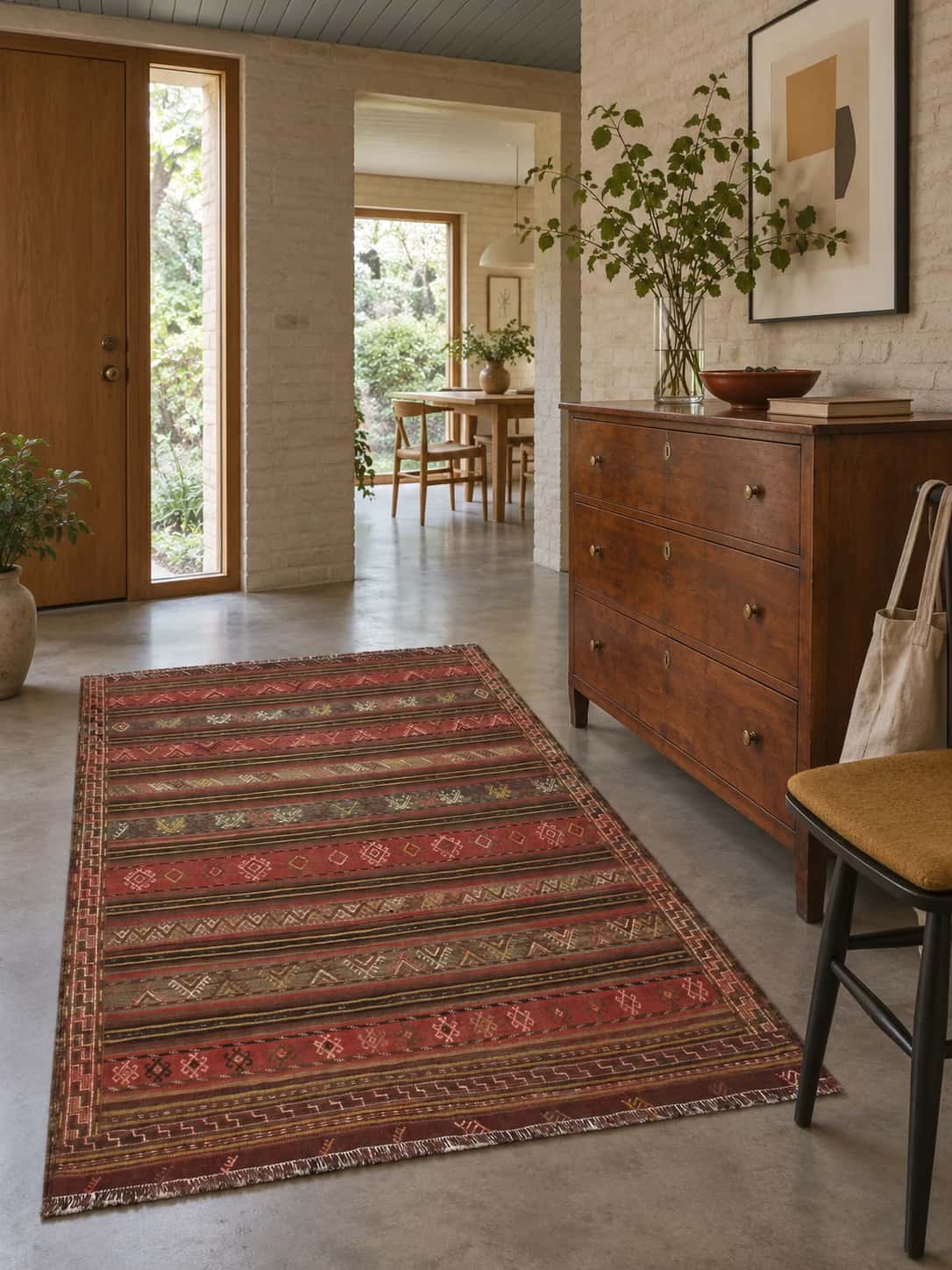 Alfombra persa kilim sumak, 135x207 cm, principalmente en amarillo y rosa — En una habitación