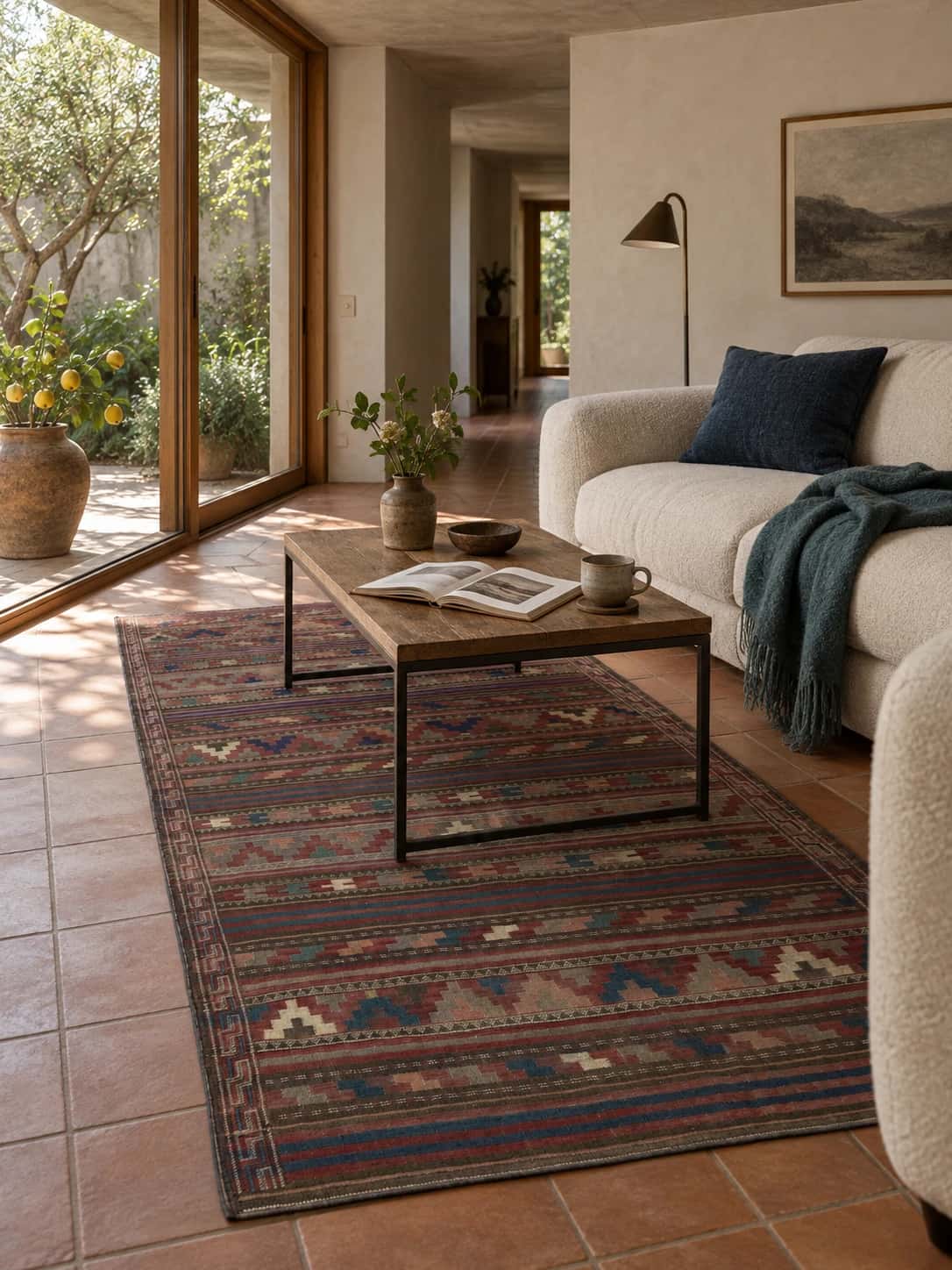 Persian Sumak Kilim rug, geometric, 130x268 cm, mainly brown — In a room