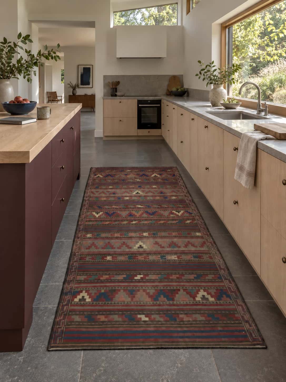 Persian Sumak Kilim rug, geometric, 130x268 cm, mainly brown — In a room