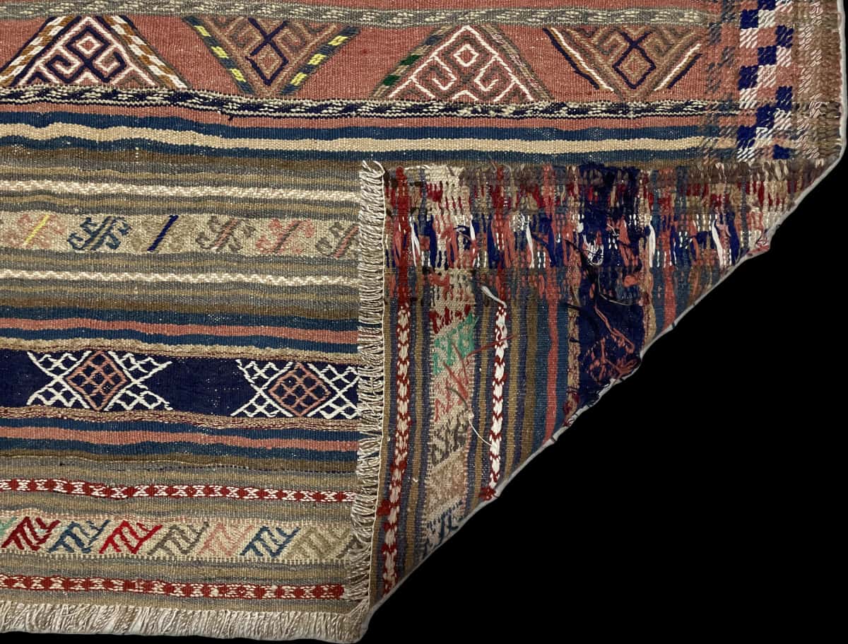 Persian rug of Sumak style in dimensions 153 centimeters length by 147 centimeters width with mainly blue and yellow colors — Folded
