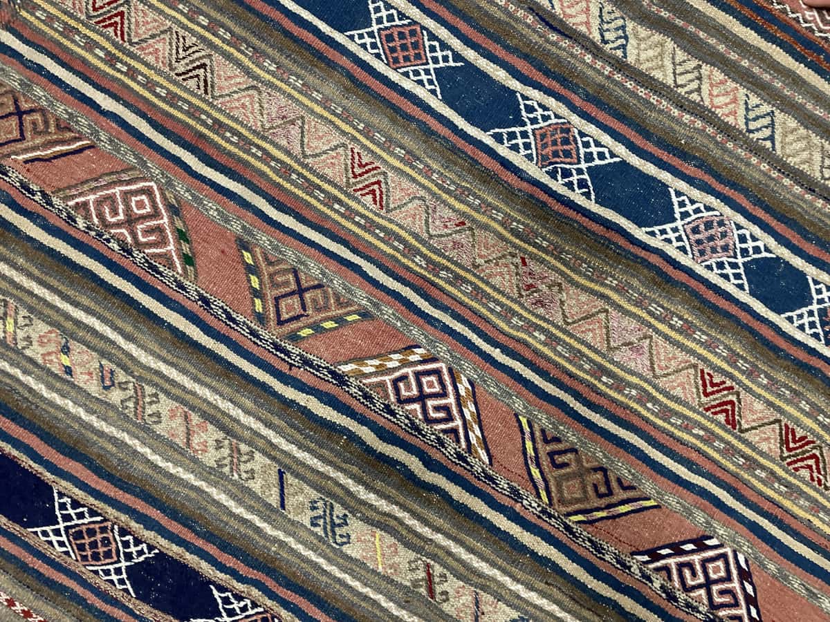 Persian rug of Sumak style in dimensions 153 centimeters length by 147 centimeters width with mainly blue and yellow colors — Texture close-up
