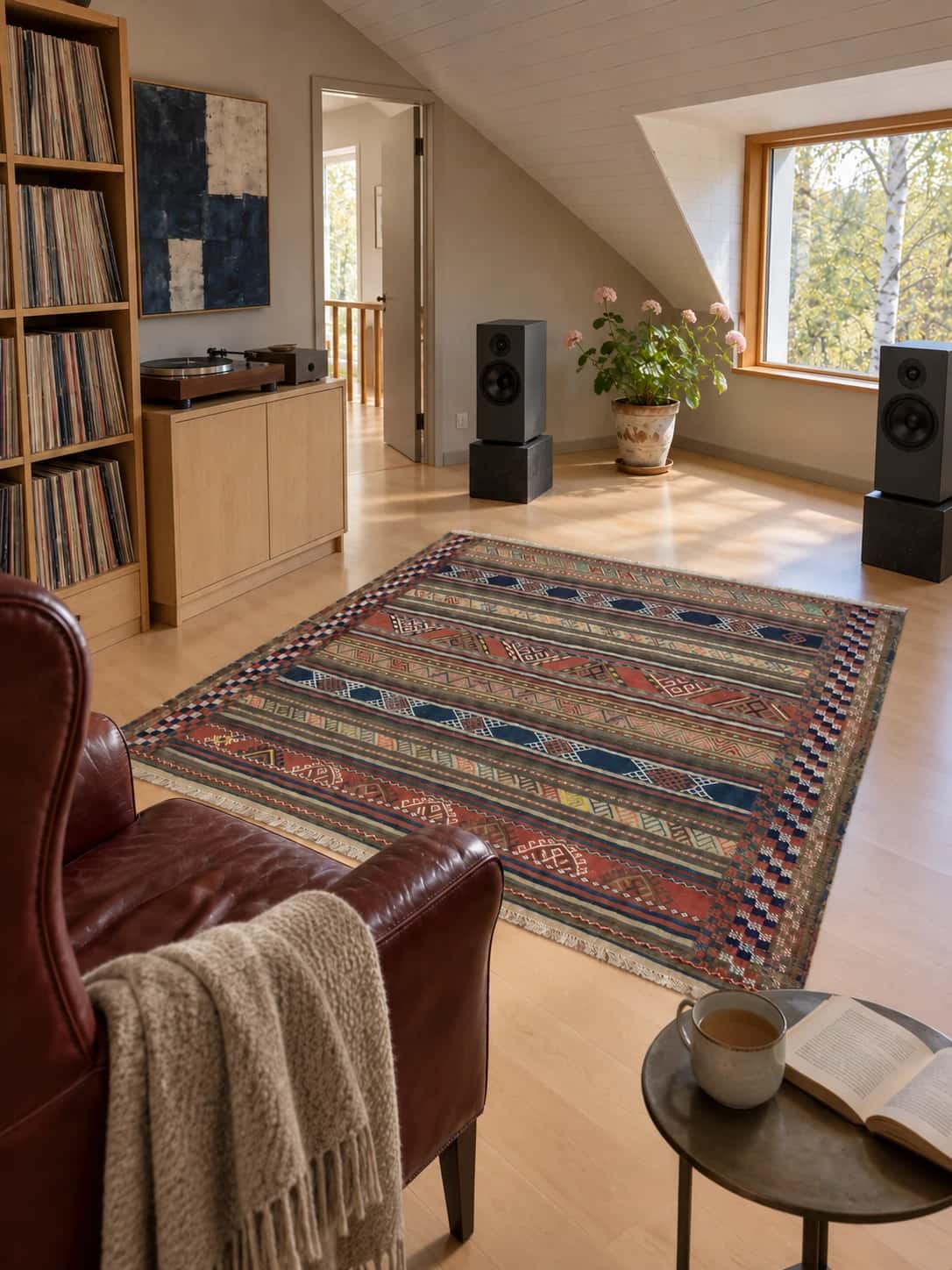 Persian Sumak Kilim rug, 147x153 cm, mainly blue and yellow — In a room