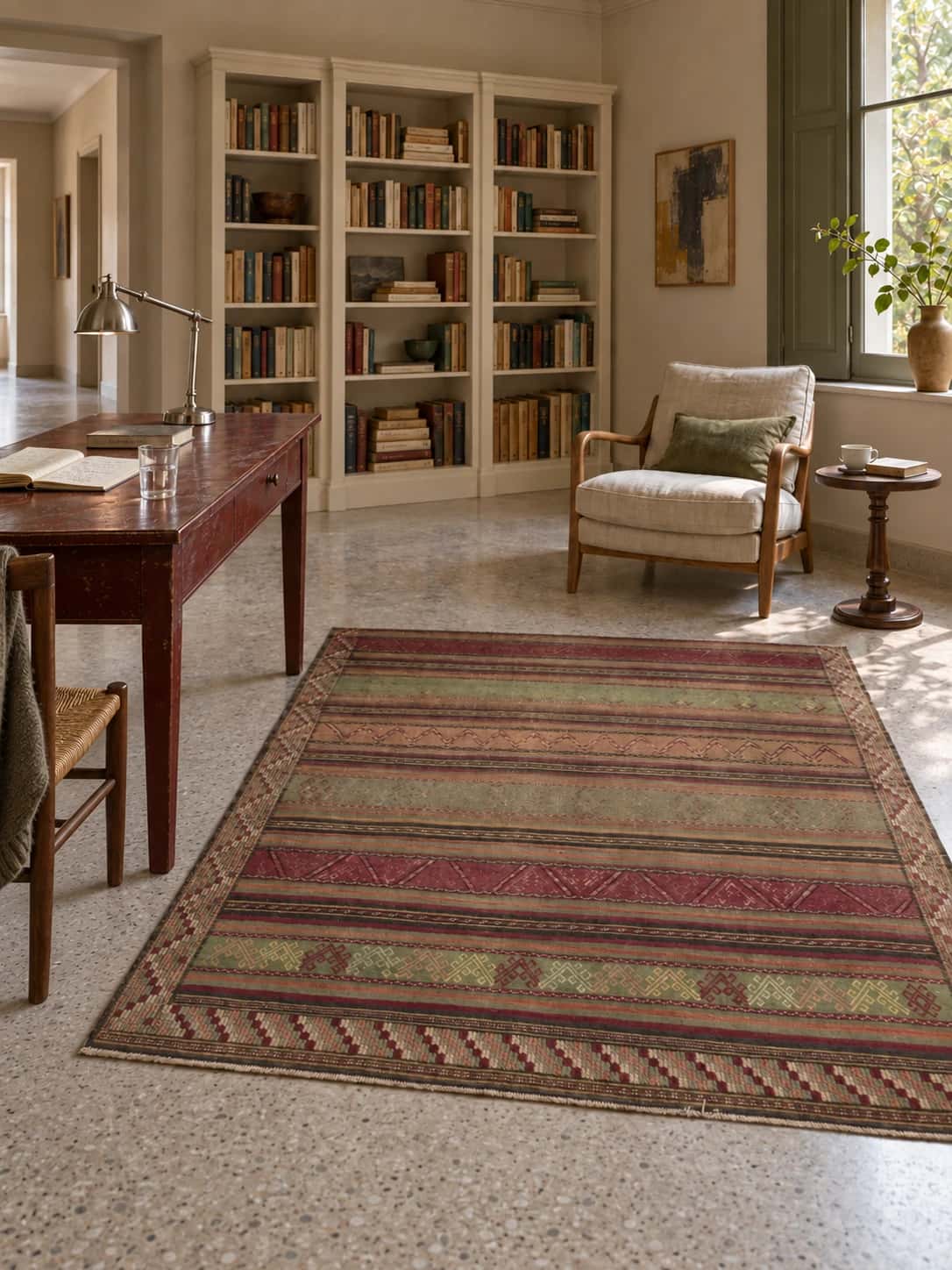 Alfombra persa kilim sumak, geométrica, 158x165 cm, principalmente en marrón — En una habitación