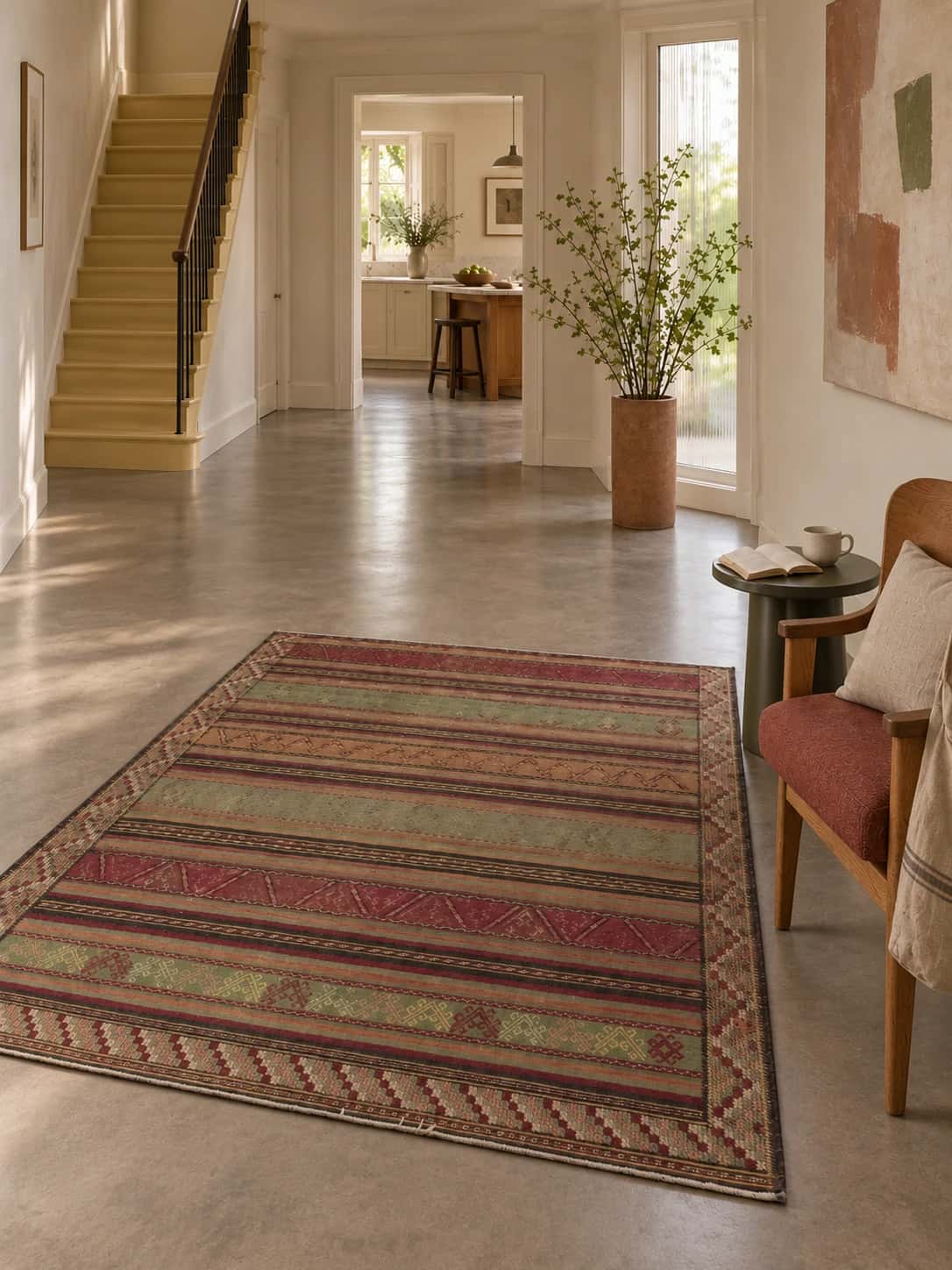 Alfombra persa kilim sumak, geométrica, 158x165 cm, principalmente en marrón — En una habitación