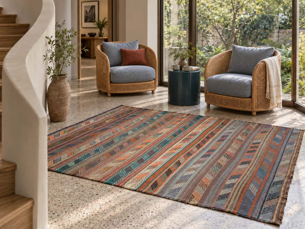 Persian Sumak Kilim rug, 160x215 cm, multicoloured — In a room