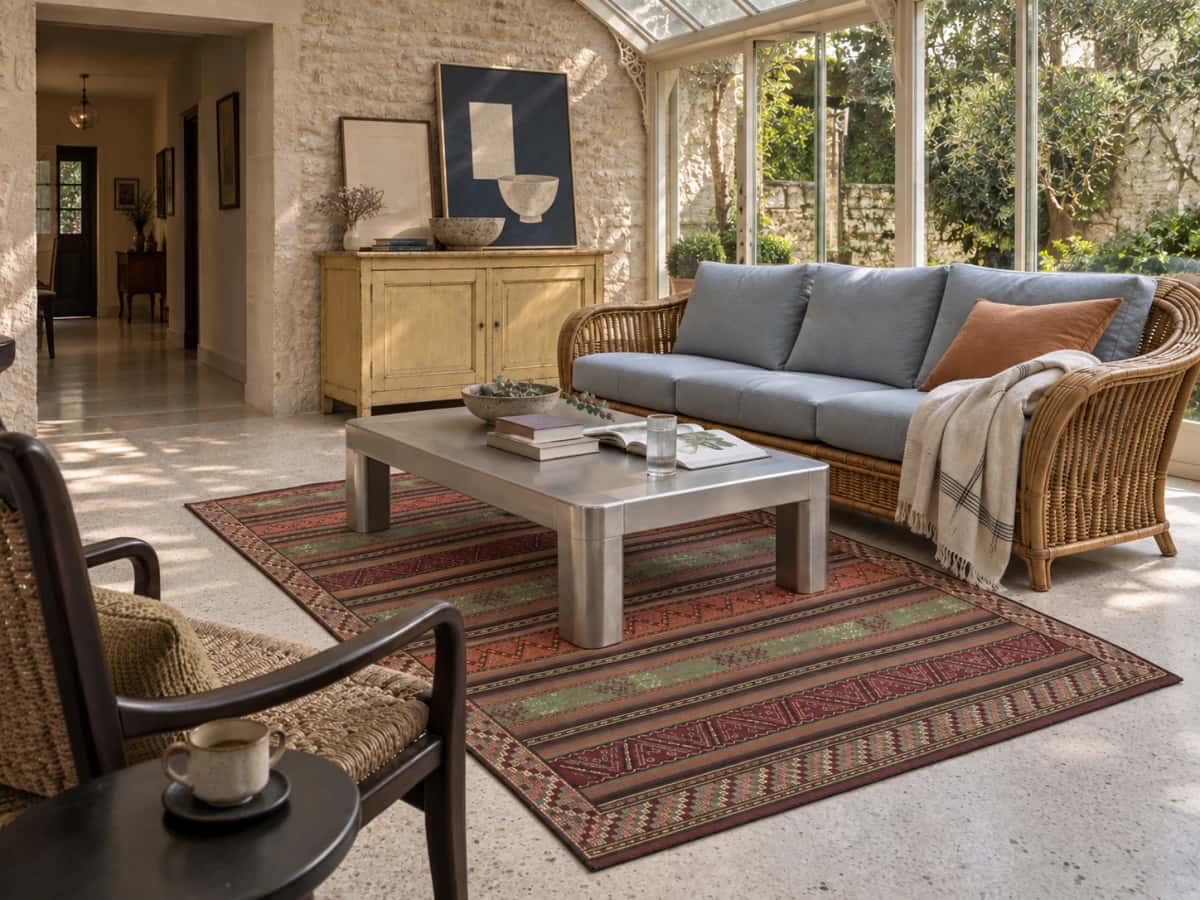 Persian Sumak Kilim rug, 163x200 cm, mainly green and purple — In a room
