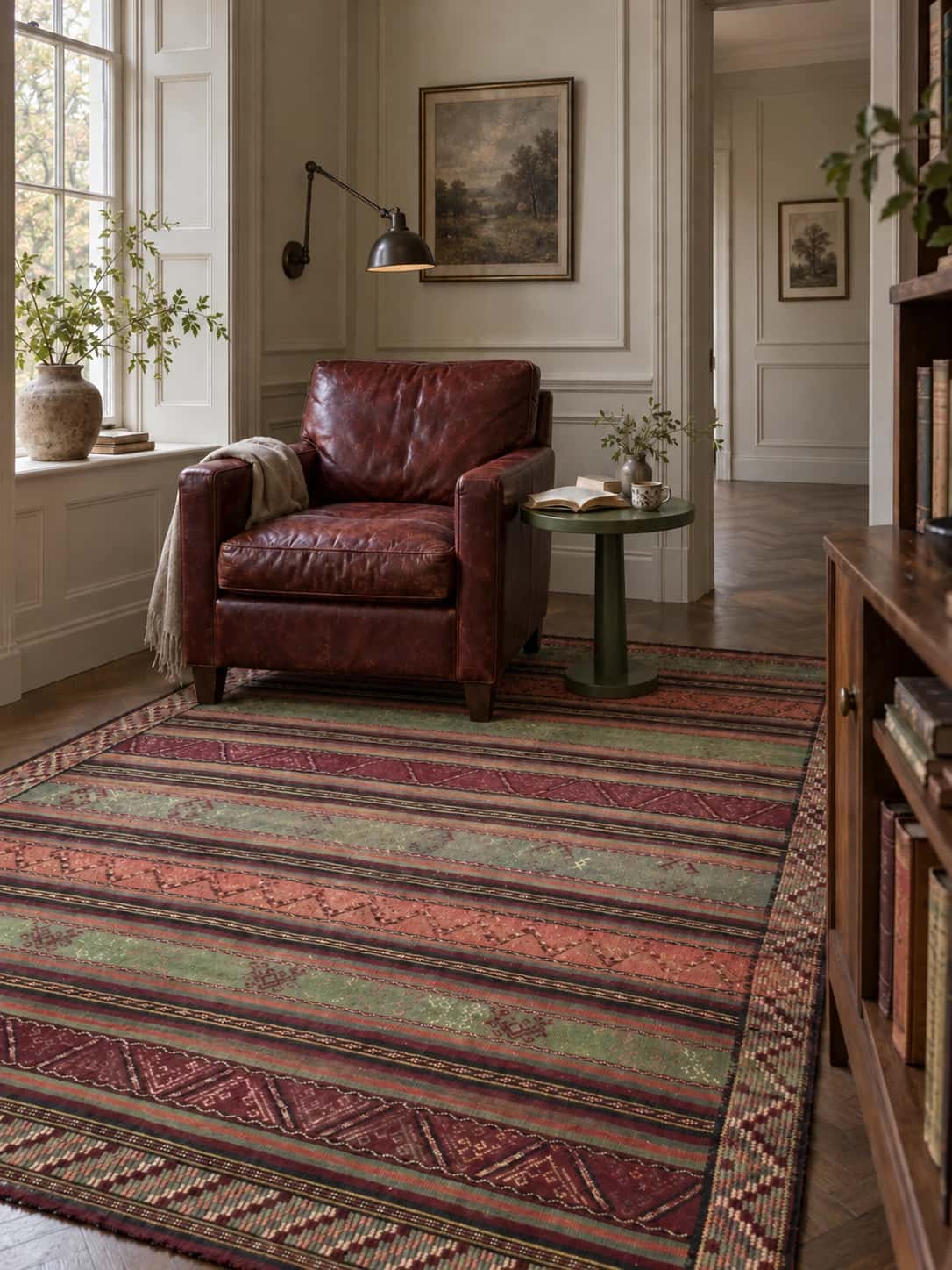 Persian Sumak Kilim rug, 163x200 cm, mainly green and purple — In a room