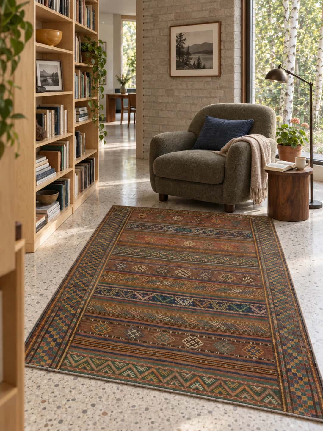 Persian Sumak Kilim rug, 130x206 cm, multicolored — In a room