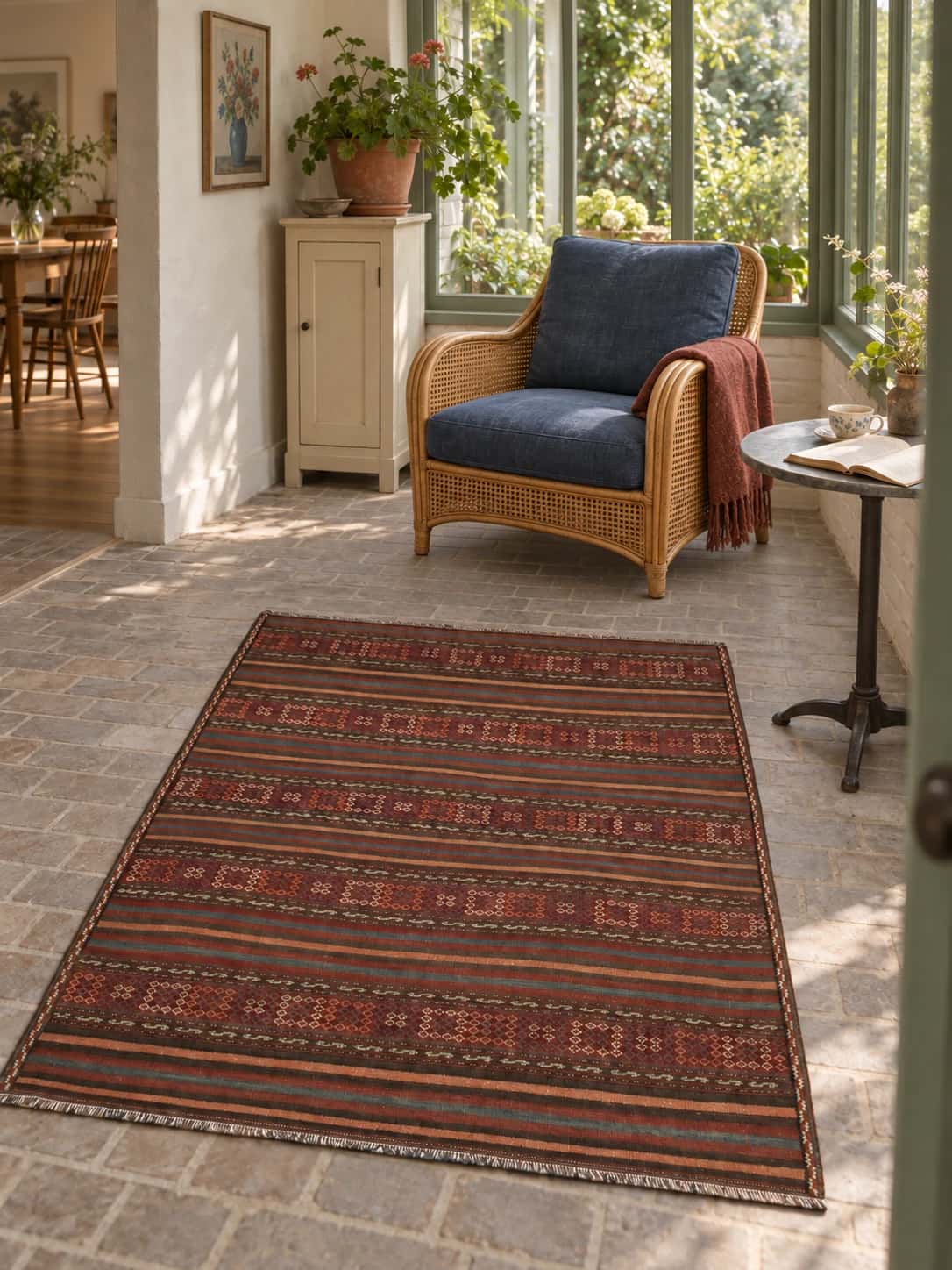 Alfombra persa kilim sumak, 112x153 cm, principalmente en marrón — En una habitación