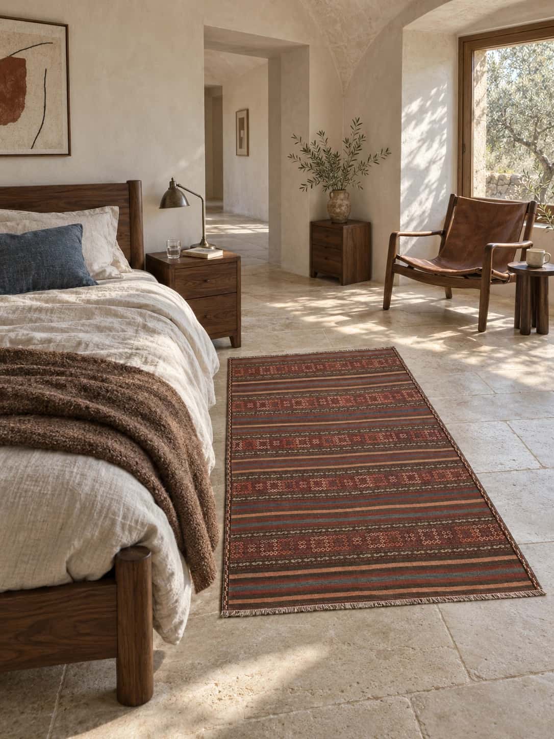 Persian Sumak Kilim rug, 112x153 cm, mainly brown — In a room