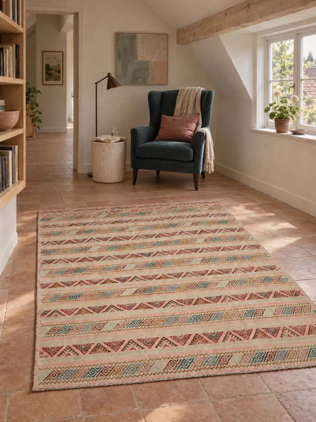 Persian Sumak Kilim rug, 146x187 cm, mainly beige — In a room