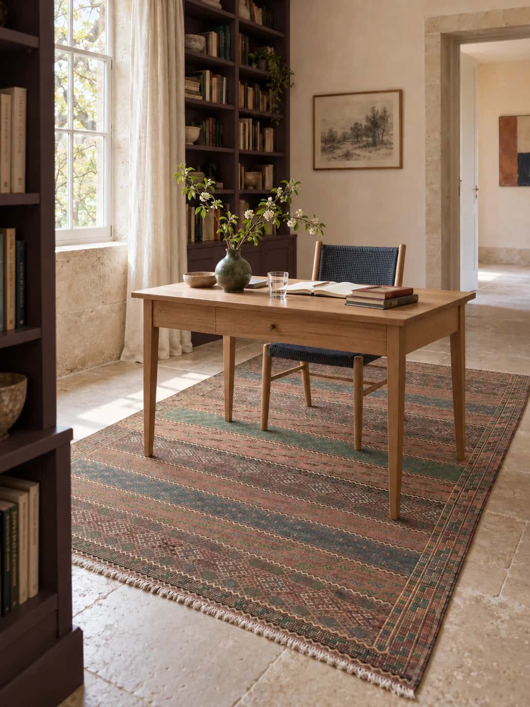 Persian Sumak Kilim rug, 150x233 cm, mainly brown — In a room