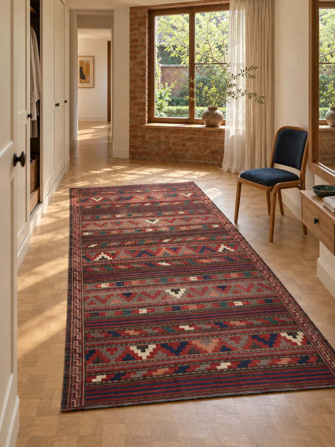 Persian Sumak Kilim rug, 130x268 cm, mainly red — In a room