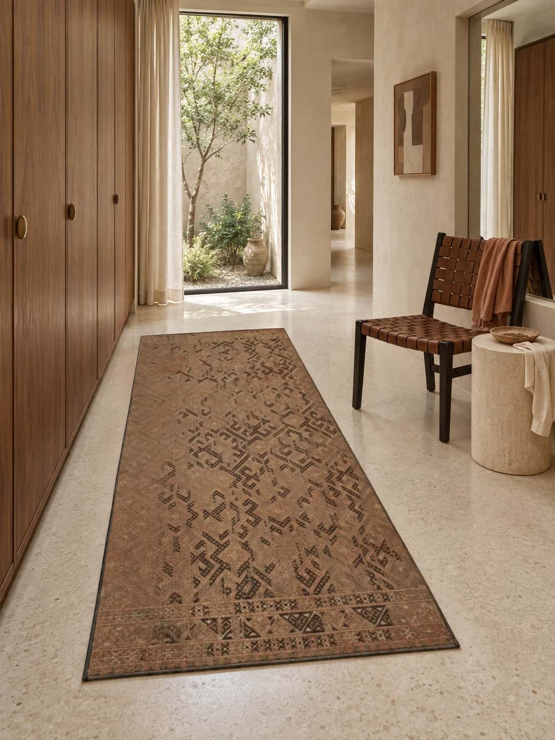 Persian Sumak Kilim rug, vintage, 93x215 cm, mainly brown — In a room