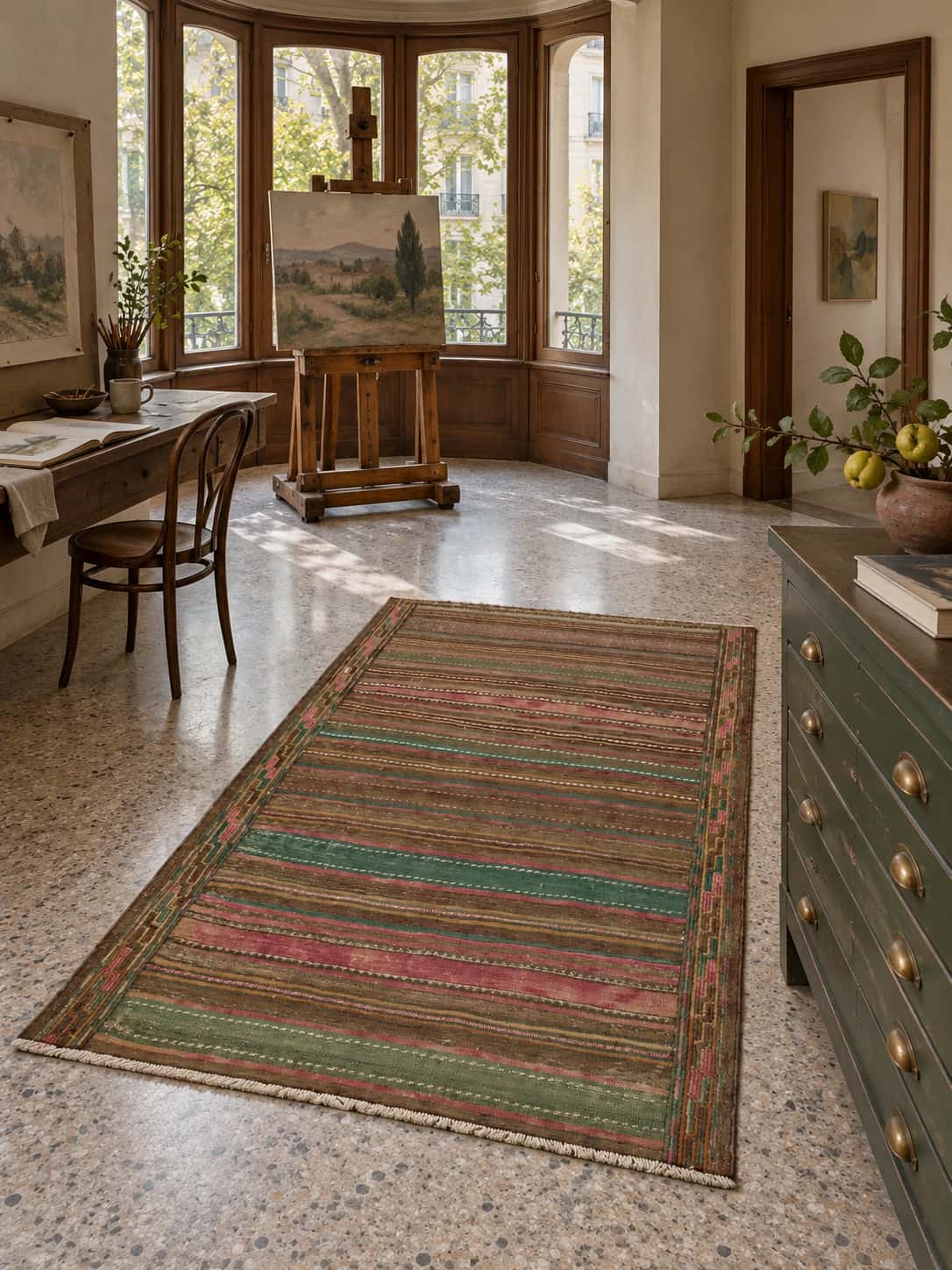Persian Sumak Kilim rug, 131x210 cm, mainly brown — In a room